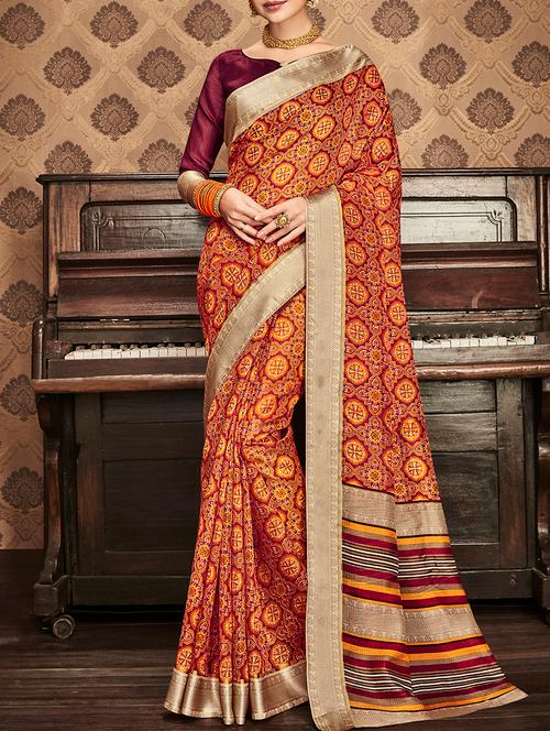 orange silk printed saree with blouse - 14561713 - Very Small Image - 1