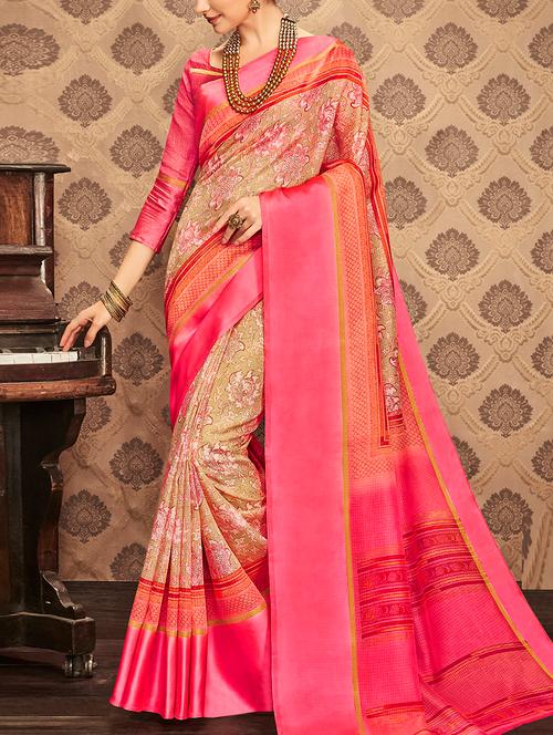 pink silk printed saree with blouse - 14561724 - Very Small Image - 1