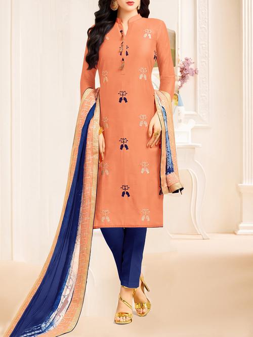 orange chanderi cotton embroidered dress material - 14562612 - Very Small Image - 1