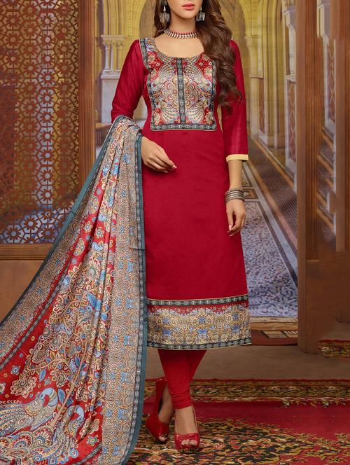 maroon silk satin printed dress material - 14562617 - Very Small Image - 1