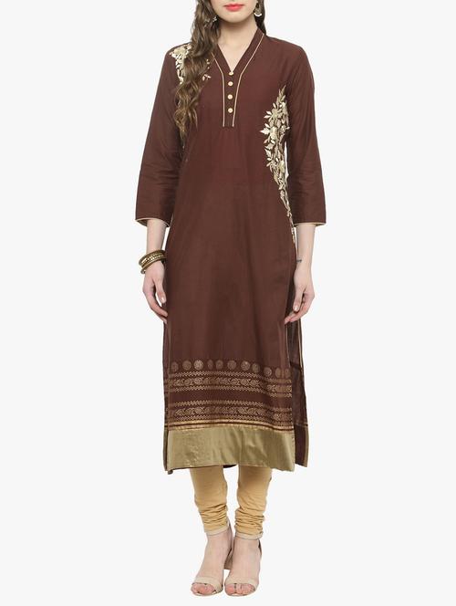 brown cotton straight kurta - 14563240 - Very Small Image - 1