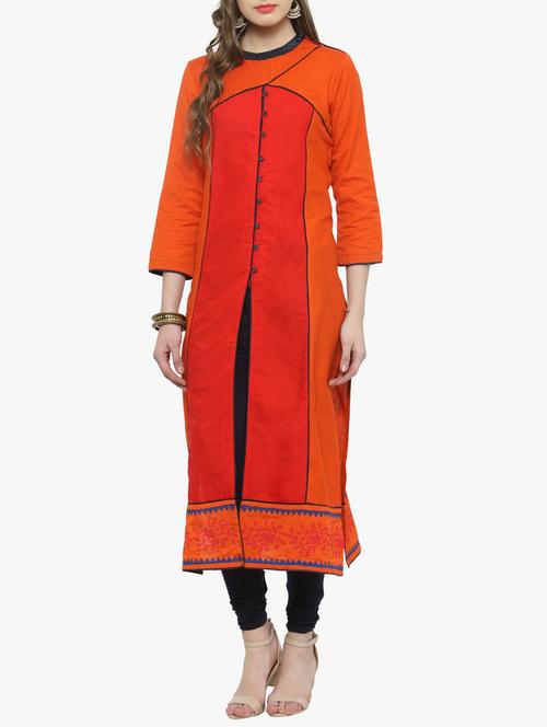 orange cotton high slit kurta - 14563243 - Very Small Image - 1