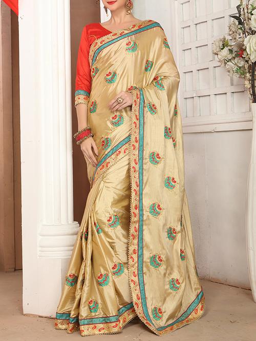 beige silk embroidered saree with blouse - 14564166 - Very Small Image - 1