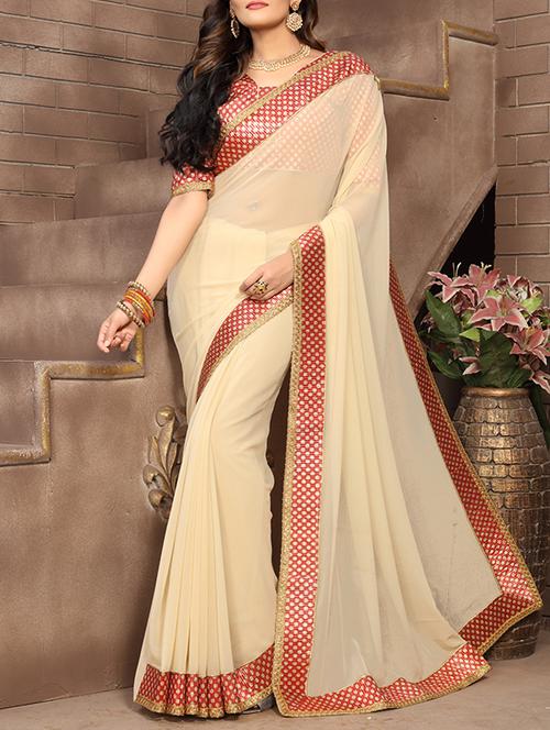beige georgette bordered saree with blouse - 14564198 - Very Small Image - 1
