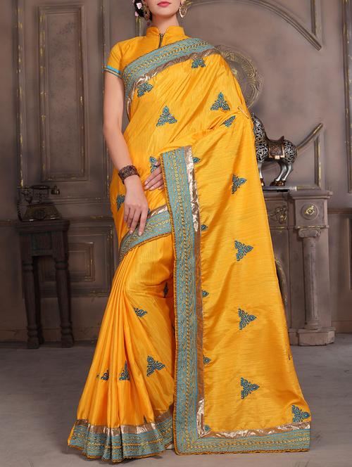 yellow silk embroidered saree with blouse - 14564210 - Very Small Image - 1