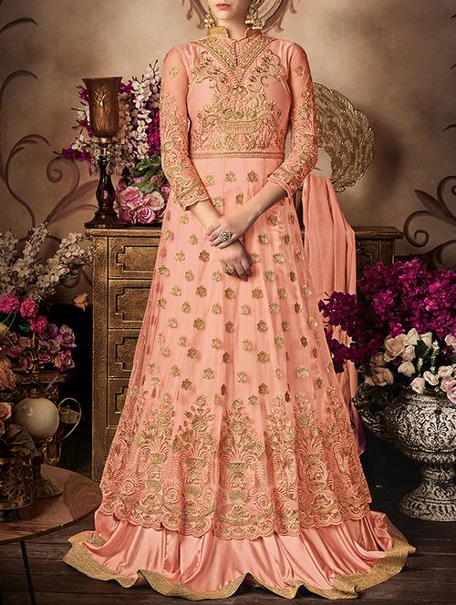peach net semi-stitched anarkali suit - 14564303 - Very Small Image - 1