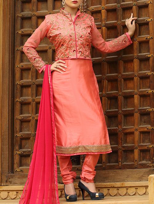 peach georgette churidaar suit semi-stitched suit - 14564748 - Very Small Image - 1
