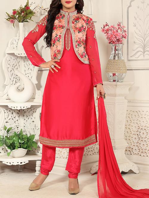 pink georgette churidaar suit semi-stitched suit - 14564857 - Very Small Image - 1
