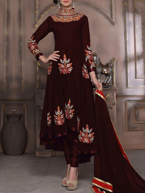 brown georgette asymmetric semi-stitched suit - 14564860 - Very Small Image - 1