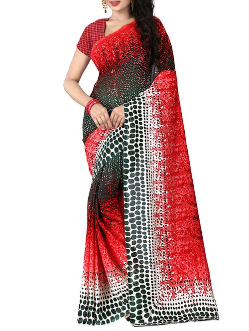red georgette printed saree with blouse - 14566352 - Very Small Image - 1