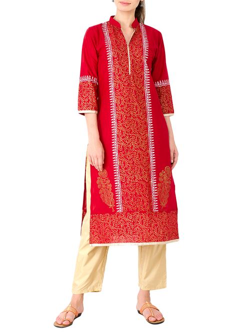red cotton straight kurta - 14567706 - Very Small Image - 1