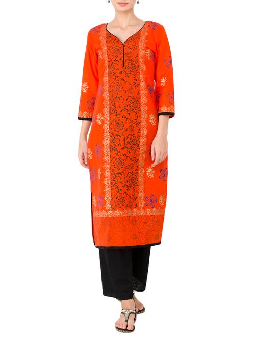 orange cotton straight kurta - 14567707 - Very Small Image - 1