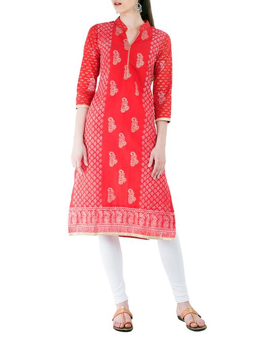 red cotton straight kurta - 14567710 - Very Small Image - 1