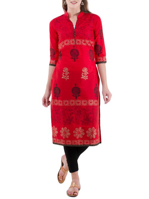 red cotton straight kurta - 14567711 - Very Small Image - 1