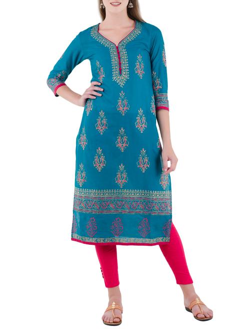 turquoise cotton straight kurta - 14567712 - Very Small Image - 1