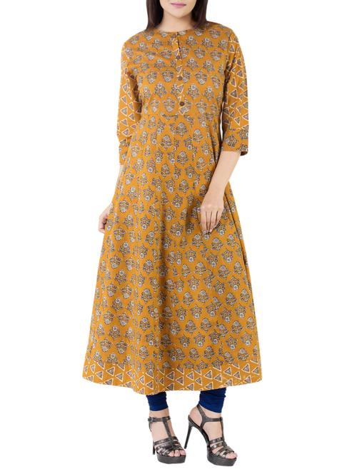 orange cotton flared kurta - 14567800 - Very Small Image - 1