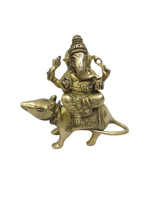 decorative brass statue of god ganesh sitting on rat handicrafts product - 14570160 - Very Small Image - 1