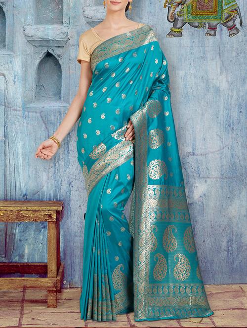 blue art silk banarasi saree with blouse - 14571317 - Very Small Image - 1