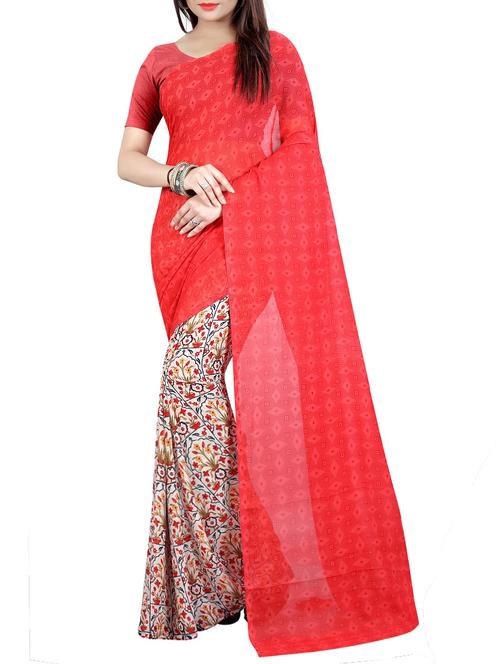 red half & half saree with blouse - 14573460 - Very Small Image - 1