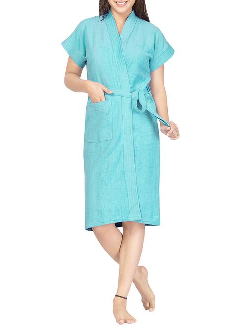 light blue terry cotton plain women bath robe - 14574201 - Very Small Image - 1