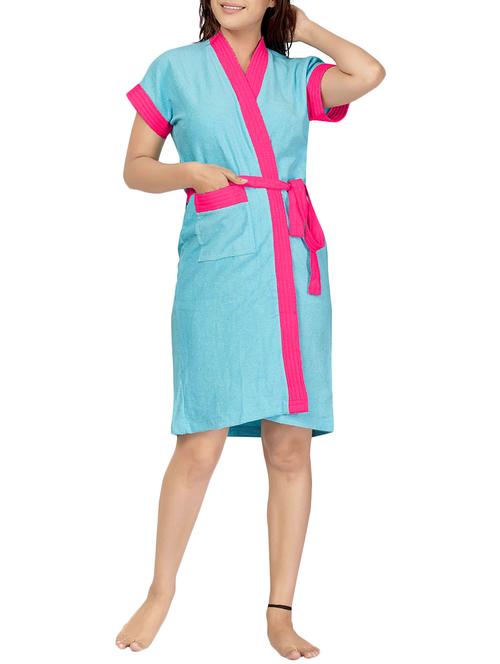 blue-pink terry cotton two-tone women bath robe - 14574206 - Very Small Image - 1