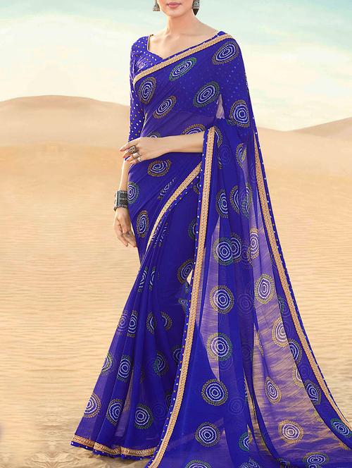 blue chiffon bandhani saree with blouse - 14574350 - Very Small Image - 1