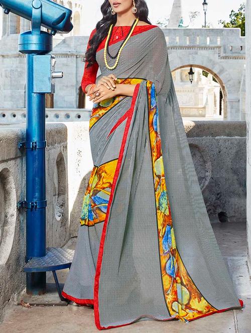 grey printed saree with blouse - 14574374 - Very Small Image - 1