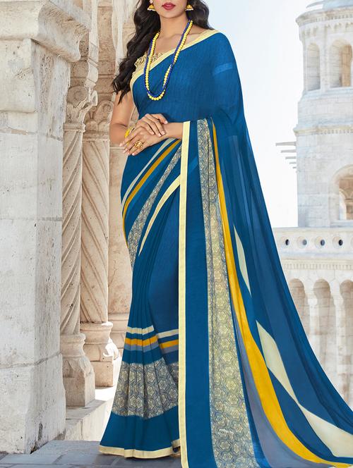 blue georgette printed saree with blouse - 14574375 - Very Small Image - 1