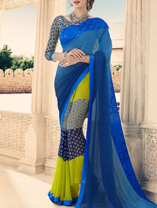 lace bordered color block printed saree with blouse - 14574385 - Very Small Image - 1