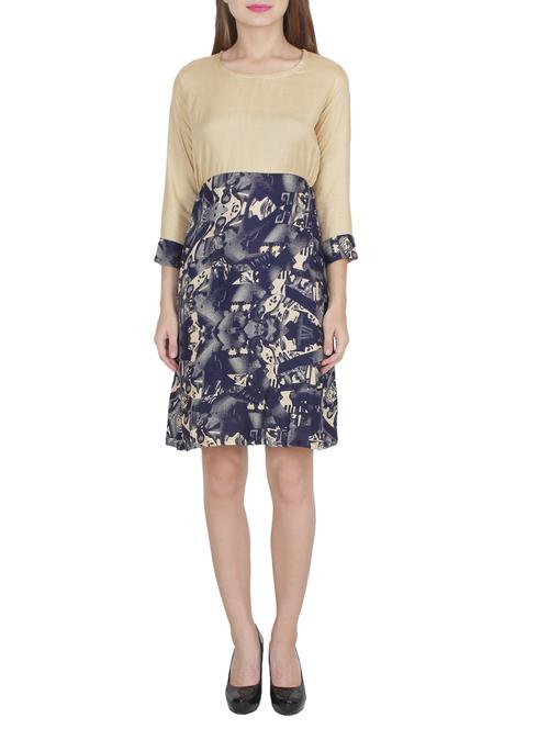 navy blue printed fit and flare dress - 14574409 - Very Small Image - 1
