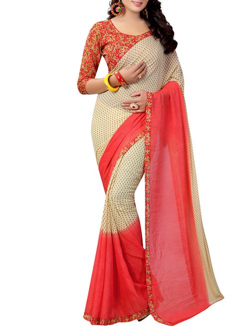 beige georgette printed saree with blouse - 14574443 - Very Small Image - 1