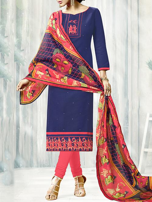 navy blue cotton blend unstitched dress material - 14574519 - Very Small Image - 1