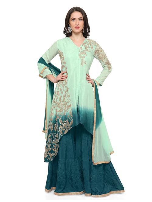 turquoise semi-stitched palazzo suit - 14574528 - Very Small Image - 1