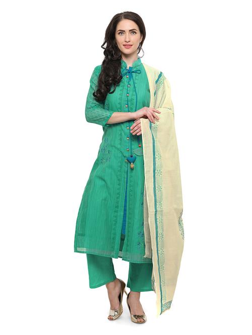 sea green semi-stitched straight pant suit - 14574533 - Very Small Image - 1