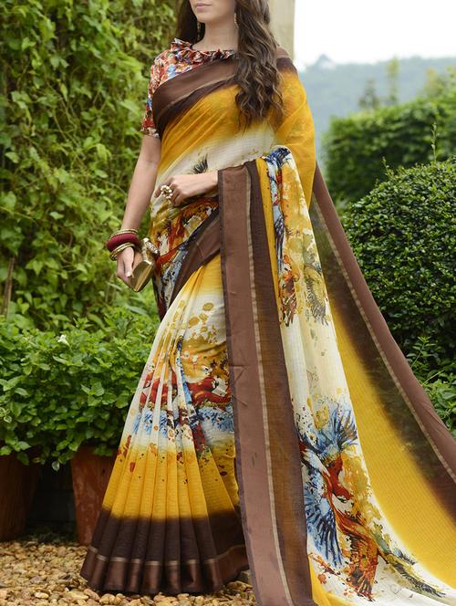 yellow chanderi saree with blouse - 14579886 - Very Small Image - 1