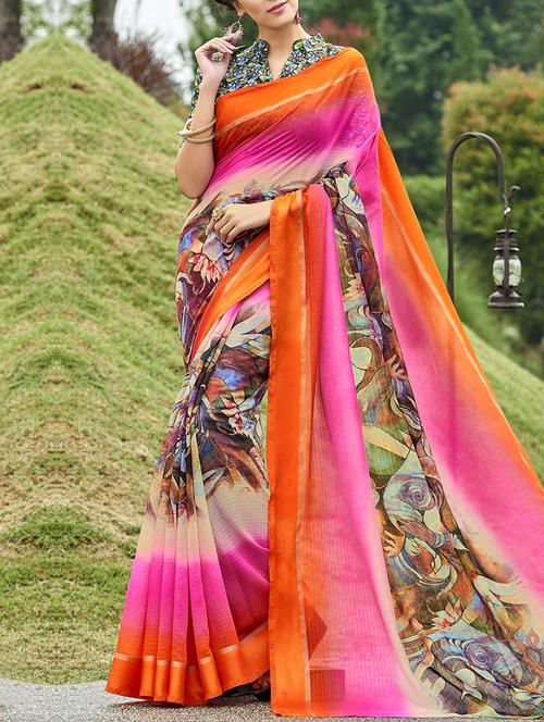 pink chanderi saree with blouse - 14579887 - Very Small Image - 1