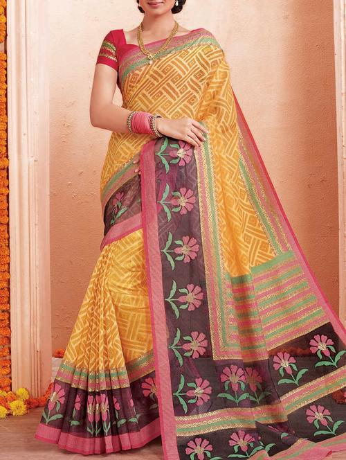 orange art silk printed saree with blouse - 14579928 - Very Small Image - 1