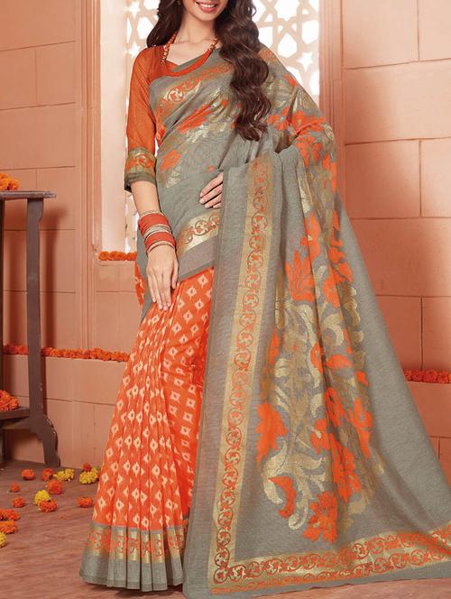 orange art silk printed saree with blouse - 14579937 - Very Small Image - 1