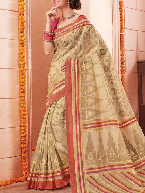 beige printed saree with blouse - 14579939 - Very Small Image - 1