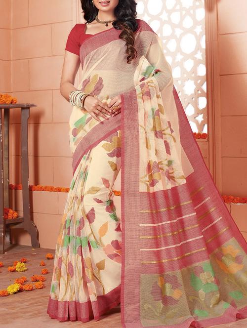 cream art silk printed saree with blouse - 14579940 - Very Small Image - 1