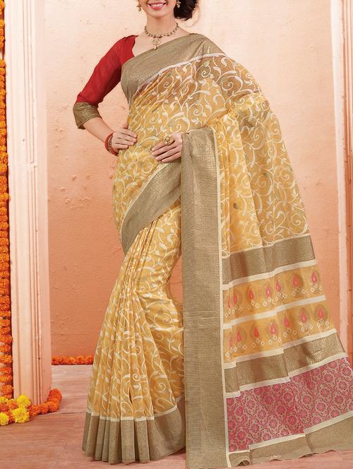 yellow art silk printed saree with blouse - 14579946 - Very Small Image - 1