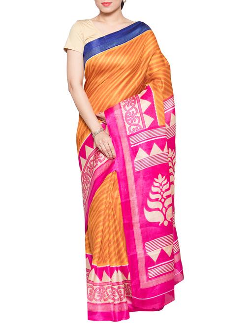 orange printed saree with blouse - 14585627 - Very Small Image - 1