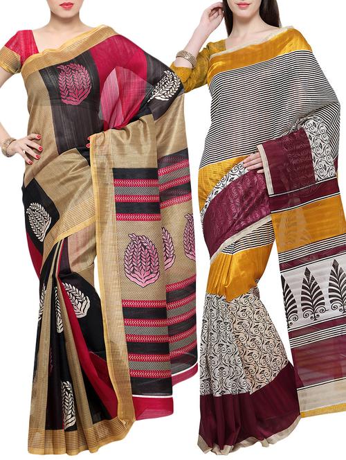set of 2 multicolored printed saree with blouse - 14585727 - Very Small Image - 1