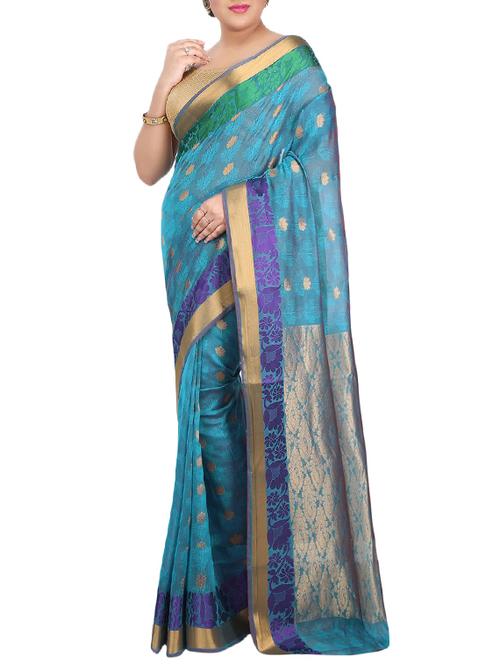 turquoise cotton silk woven saree with blouse - 14586105 - Very Small Image - 1