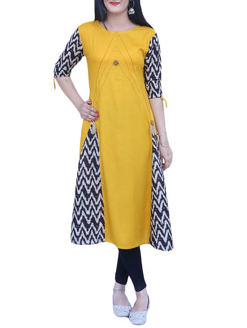yellow rayon a-line kurta - 14587818 - Very Small Image - 1