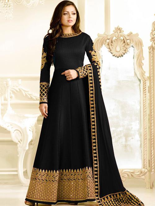 black semi-stitched anarkali suit - 14587990 - Very Small Image - 1