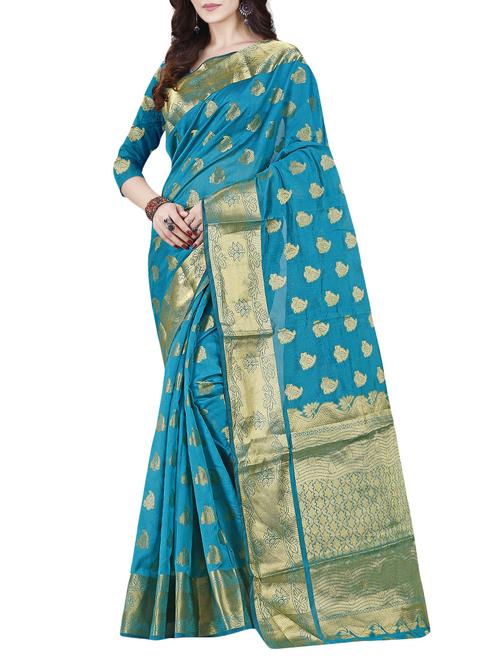 turquoise kanjivaram saree with blouse - 14590694 - Very Small Image - 1