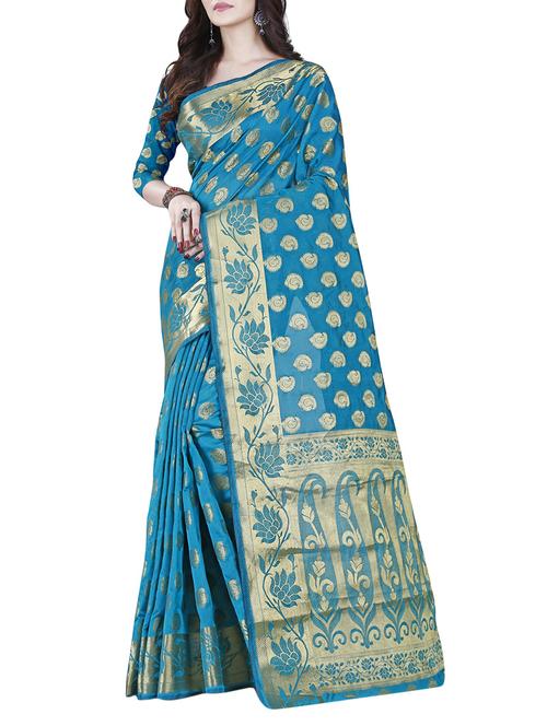 blue cotton blend kanjivaram saree with blouse - 14590696 - Very Small Image - 1