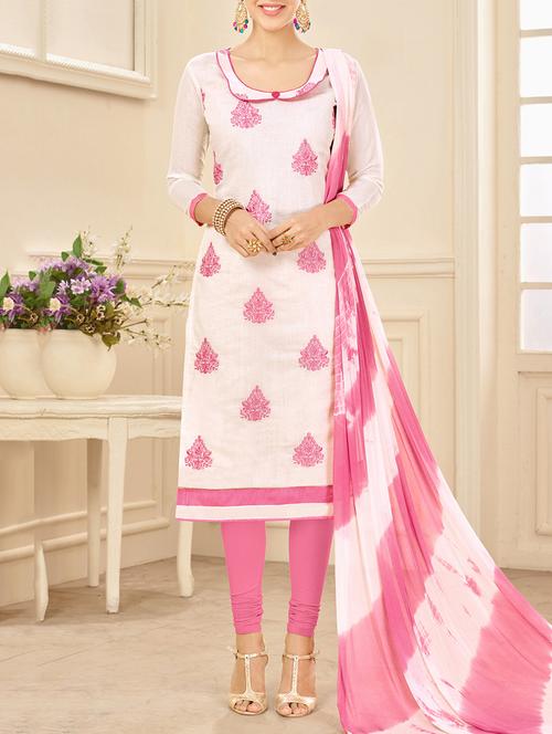 white chanderi cotton unstitched dress material - 14590722 - Very Small Image - 1