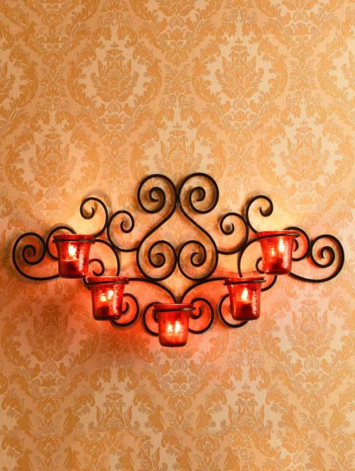 decorative 5 cup wall sconce with luster red glass with free tealights candles black matte - 14593465 - Very Small Image - 1